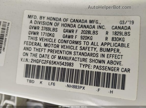 2HGFC2F65KH543983 2019 HONDA CIVIC White 