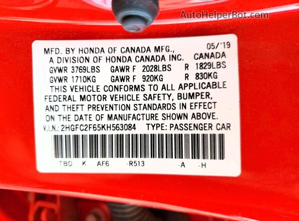 2HGFC2F65KH563084 2019 HONDA CIVIC Red VIN sticker view