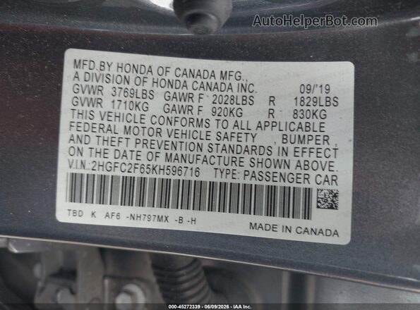 2HGFC2F65KH596716 2019 HONDA CIVIC Gray Շարժիչի բաժամունքի տեսք