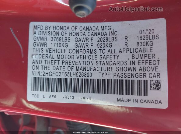 2HGFC2F65LH526800 2020 HONDA CIVIC Red Widok komory silnika