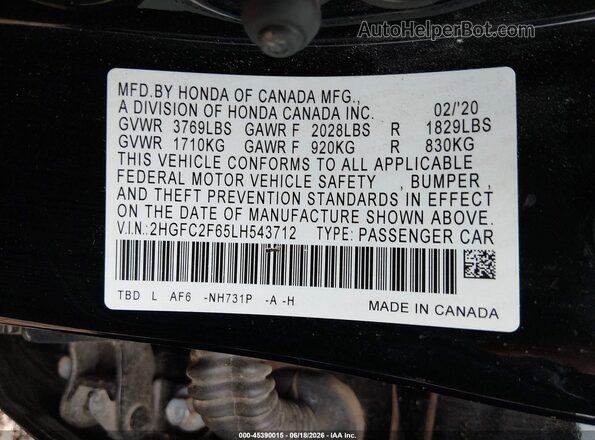 2HGFC2F65LH543712 2020 HONDA CIVIC Black Engine compartment view