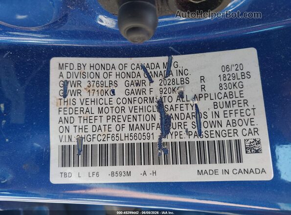 2HGFC2F65LH560591 2020 HONDA CIVIC Blue ძრავის განყოფილების ხედი