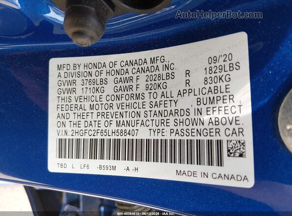 2HGFC2F65LH588407 2020 HONDA CIVIC Blue Вид підкапотного простору