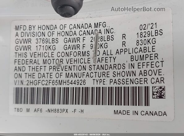 2HGFC2F65MH544926 2021 HONDA CIVIC White Vista del compartimento del motor