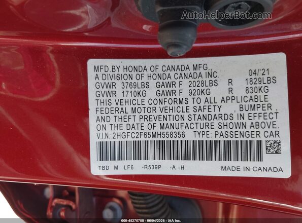 2HGFC2F65MH558356 2021 HONDA CIVIC Red Вид підкапотного простору