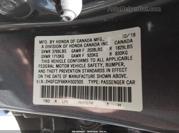 2HGFC2F66KH502505 2019 HONDA CIVIC Silver Vista del compartimento del motor