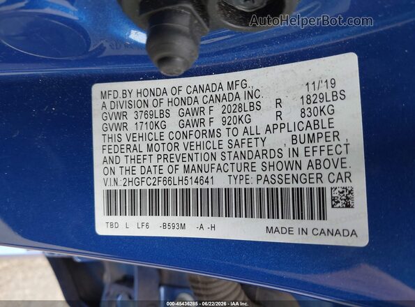 2HGFC2F66LH514641 2020 HONDA CIVIC Blue Շարժիչի բաժամունքի տեսք