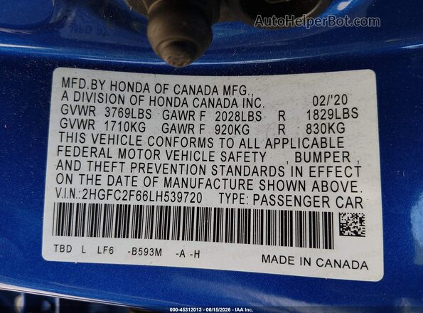 2HGFC2F66LH539720 2020 HONDA CIVIC Blue Շարժիչի բաժամունքի տեսք