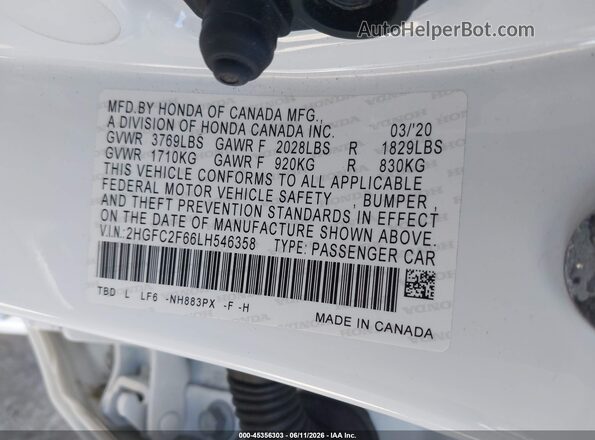 2HGFC2F66LH546358 2020 HONDA CIVIC White Widok komory silnika