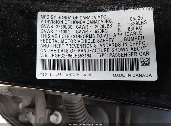 2HGFC2F66LH553164 2020 HONDA CIVIC Black ძრავის განყოფილების ხედი