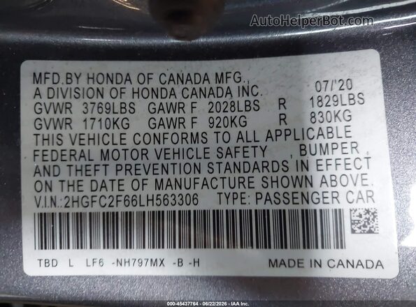 2HGFC2F66LH563306 2020 HONDA CIVIC Gray Widok komory silnika