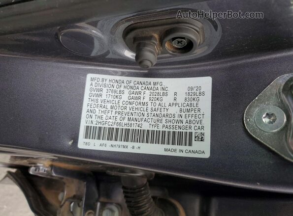 2HGFC2F66LH581742 2020 HONDA CIVIC Charcoal Widok komory silnika