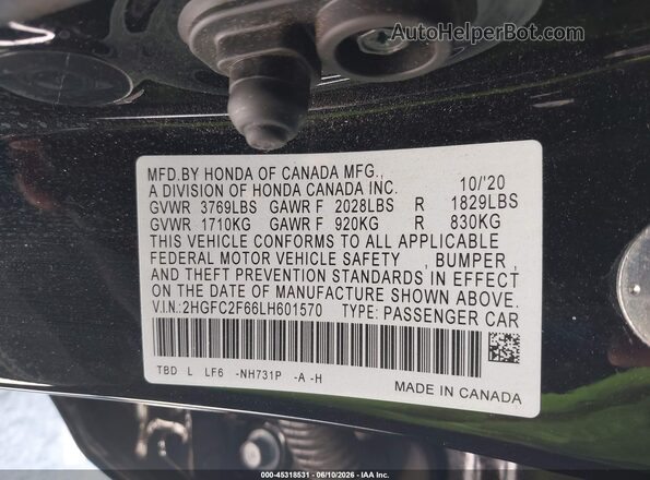 2HGFC2F66LH601570 2020 HONDA CIVIC Black Engine compartment view