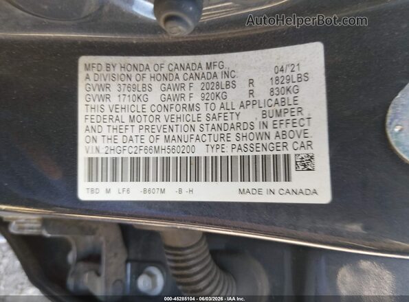 2HGFC2F66MH560200 2021 HONDA CIVIC Blue ძრავის განყოფილების ხედი