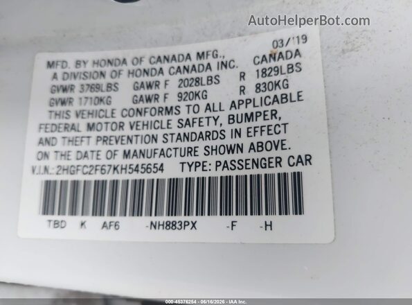 2HGFC2F67KH545654 2019 HONDA CIVIC White ძრავის განყოფილების ხედი