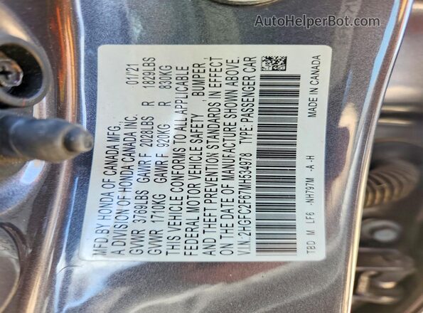 2HGFC2F67MH534978 2021 HONDA CIVIC Gray Շարժիչի բաժամունքի տեսք