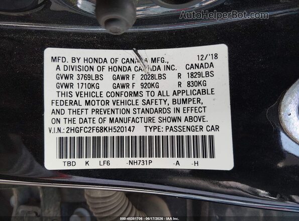 2HGFC2F68KH520147 2019 HONDA CIVIC Черный Вид подкапотного пространства