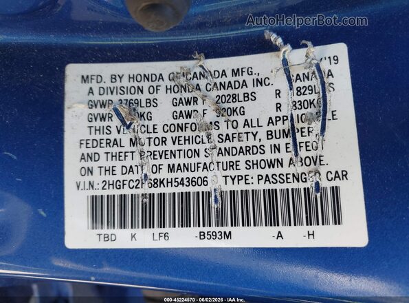2HGFC2F68KH543606 2019 HONDA CIVIC Синий Вид подкапотного пространства