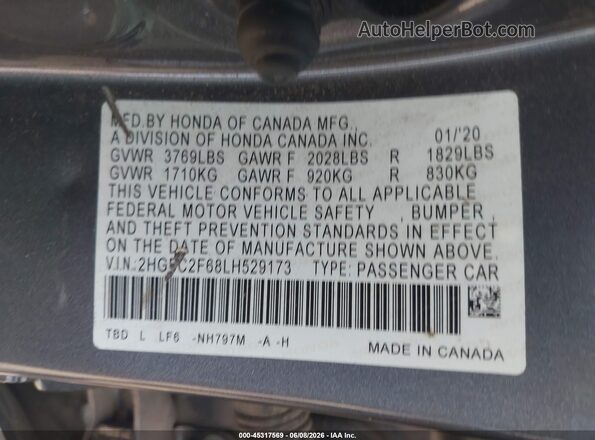 2HGFC2F68LH529173 2020 HONDA CIVIC Gray ძრავის განყოფილების ხედი