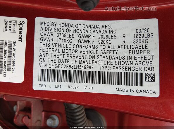 2HGFC2F68LH549987 2020 HONDA CIVIC Red Շարժիչի բաժամունքի տեսք