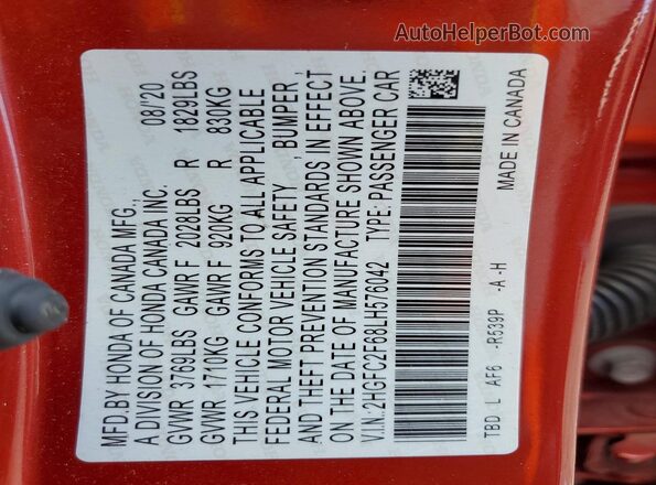 2HGFC2F68LH576042 2020 HONDA CIVIC Red 