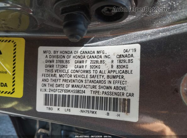 2HGFC2F69KH558034 2019 HONDA CIVIC Gray Vista del compartimento del motor