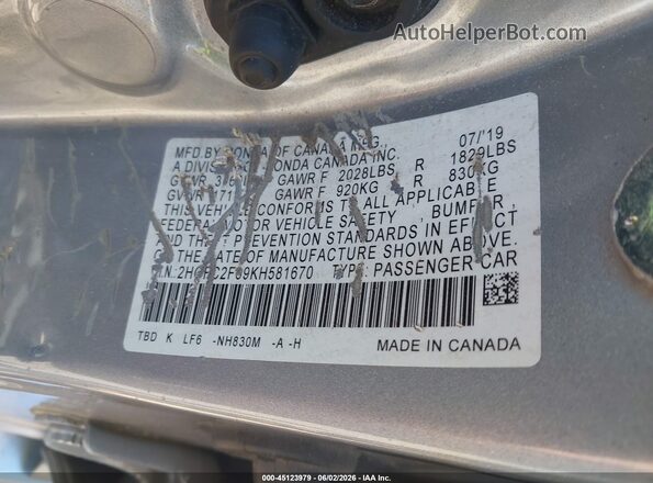 2HGFC2F69KH581670 2019 HONDA CIVIC Silver 