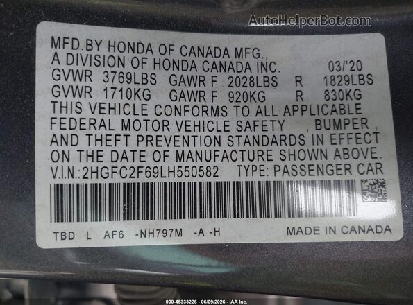2HGFC2F69LH550582 2020 HONDA CIVIC Gray Engine compartment view