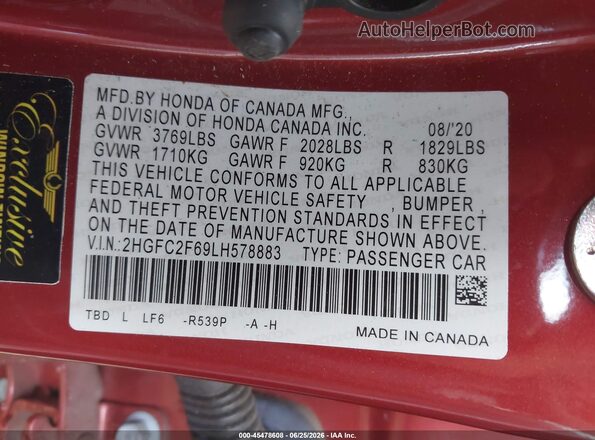 2HGFC2F69LH578883 2020 HONDA CIVIC Red Вид підкапотного простору