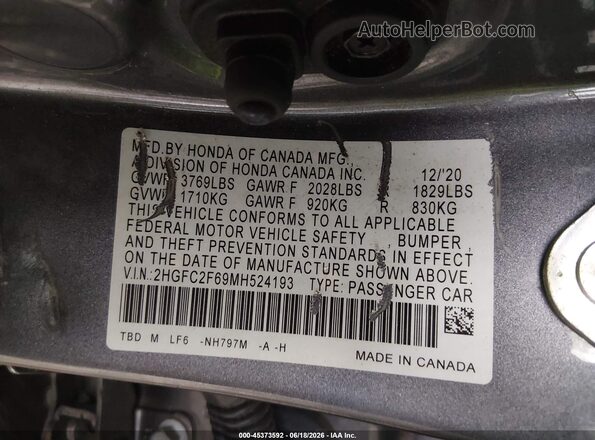2HGFC2F69MH524193 2021 HONDA CIVIC Gray Вид підкапотного простору