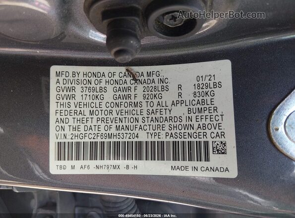 2HGFC2F69MH537204 2021 HONDA CIVIC Серый Вид подкапотного пространства