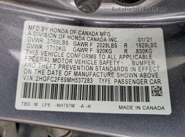 2HGFC2F69MH537283 2021 HONDA CIVIC Gray ძრავის განყოფილების ხედი