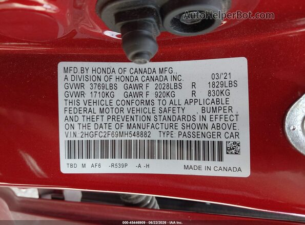 2HGFC2F69MH548882 2021 HONDA CIVIC Red Engine compartment view