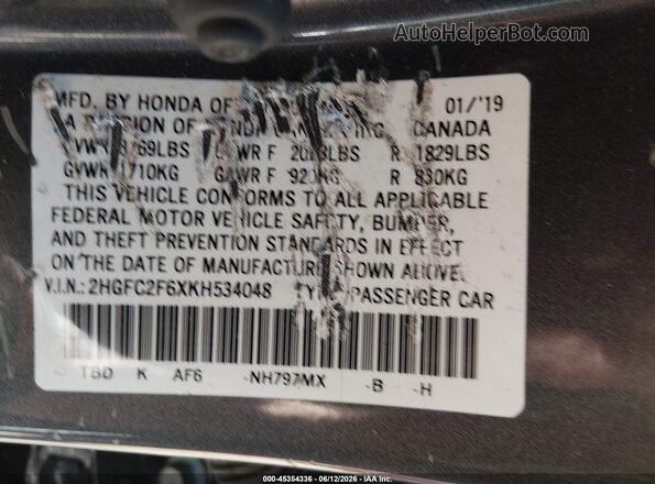 2HGFC2F6XKH534048 2019 HONDA CIVIC Серый Вид подкапотного пространства