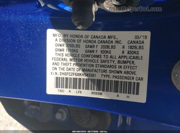 2HGFC2F6XKH543591 2019 HONDA CIVIC Blue Widok komory silnika