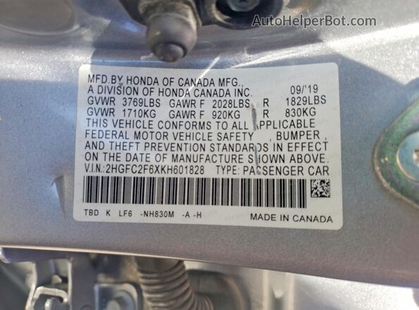 2HGFC2F6XKH601828 2019 HONDA CIVIC Silver 