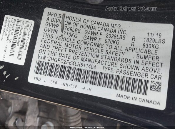 2HGFC2F6XLH511404 2020 HONDA CIVIC Black Вид підкапотного простору