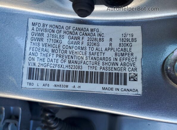 2HGFC2F6XLH523083 2020 HONDA CIVIC Silver VIN sticker view