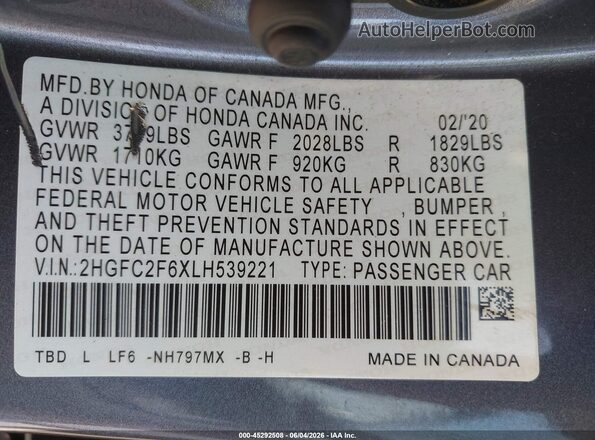2HGFC2F6XLH539221 2020 HONDA CIVIC Серый Вид подкапотного пространства