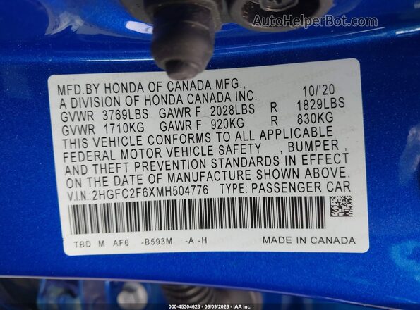 2HGFC2F6XMH504776 2021 HONDA CIVIC Blue ძრავის განყოფილების ხედი