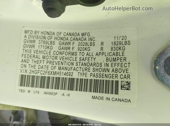 2HGFC2F6XMH514692 2021 HONDA CIVIC White Vista del compartimento del motor
