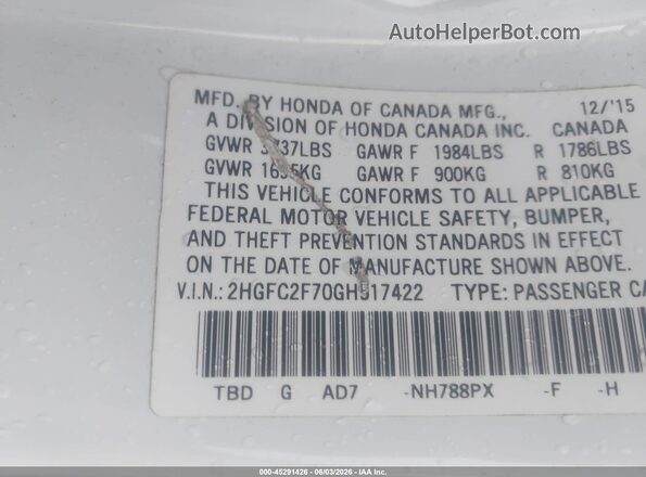 2HGFC2F70GH517422 2016 HONDA CIVIC White 
