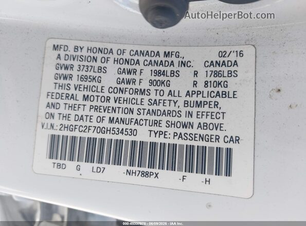 2HGFC2F70GH534530 2016 HONDA CIVIC White Vista del compartimento del motor
