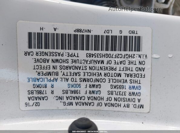 2HGFC2F70GH535483 2016 HONDA CIVIC White Engine compartment view