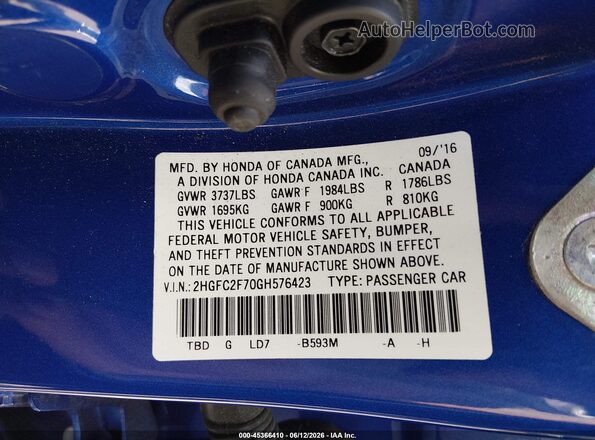 2HGFC2F70GH576423 2016 HONDA CIVIC Blue Շարժիչի բաժամունքի տեսք