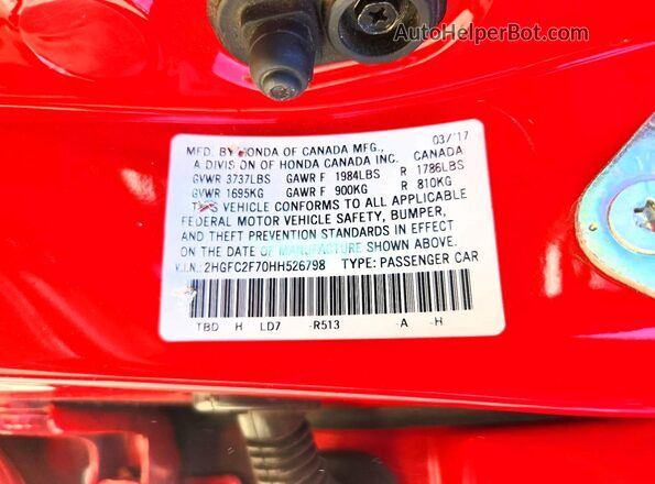 2HGFC2F70HH526798 2017 HONDA CIVIC Red Շարժիչի բաժամունքի տեսք
