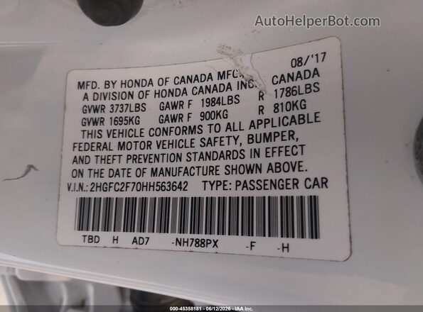 2HGFC2F70HH563642 2017 HONDA CIVIC White Engine compartment view