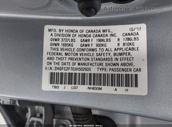 2HGFC2F70JH502605 2018 HONDA CIVIC Silver Widok komory silnika
