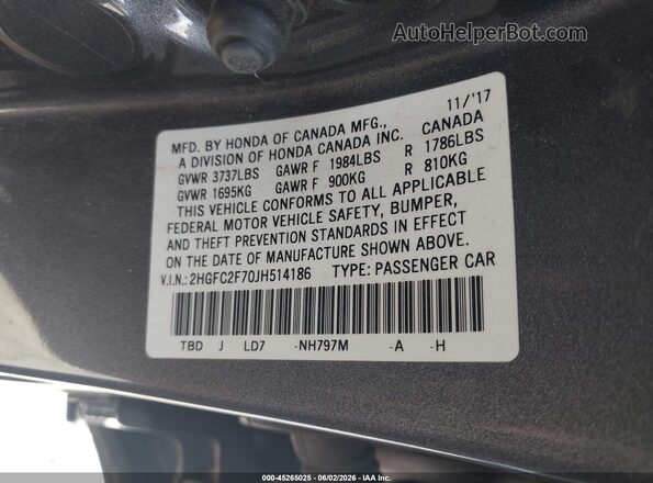 2HGFC2F70JH514186 2018 HONDA CIVIC Серый Вид подкапотного пространства