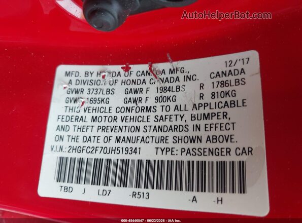2HGFC2F70JH519341 2018 HONDA CIVIC Red Widok komory silnika